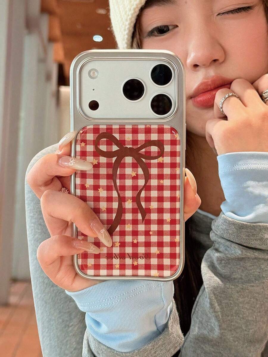 1pc Silver Electroplated Large Window Phone Case Red & White Plaid Brown Ribbon Bow Star Print Suitable For IPhone All Models Vintage Preppy Sweet Girl Style Ins Full Coverage Anti-Drop Phone Protective Shell