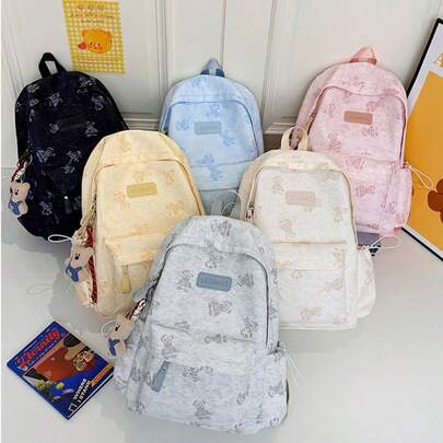 Back To School Hot-Selling Multi-Color Minimalist Fashion Casual Versatile Unisex Backpack With Bear Print Pattern And Puppy Charm, Nylon Fabric School Bag, College Style Campus Backpack, Large Capacity With Multiple Pockets And Zippers, Can Hold Books, Stationery, Documents, Tablets, Clothes, Etc., Suitable For School, Business Trips, Daily Use, Commuting, Travel, Back To School Supplies, Travel Essentials, Holiday Outings, Back To School Gift, Gift For Boys/Girls, Unisex Style, Valentine's Day, Christmas, Birthday Gift