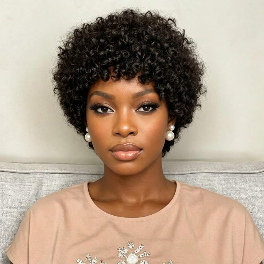 Women's Daily Wear Natural Black Short Afro Curly Human Hair Full Machine Woven Wig