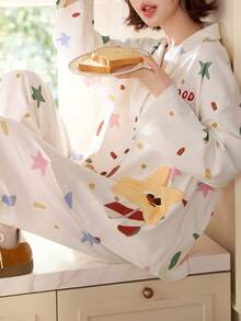 Gongdie 2 Pieces Women Pajama Set,Spring Fall Cream White Soft Cotton Loungewear With Colorful Star & 3D Star Pockets - Apricot - View 5