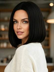 12 Inch Black Middle Part Women's Wig, High Temperature Synthetic Straight Hair, Elegant And Versatile, Natural Style, Suitable For Various Parties And Ball Gowns - Black - View 2