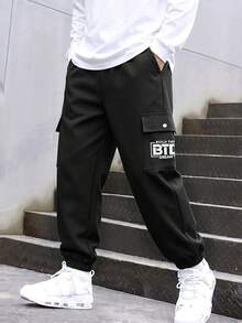 Boys' Spring/Summer Solid Color Cargo Jogger Pants, Khaki/Black, Durable Drape Fabric With Letter Print And Cargo Pockets, Multi-Color Options, Versatile Streetwear For Daily Outings, School Activities, And Outdoor Leisure - Multicolor - View 7