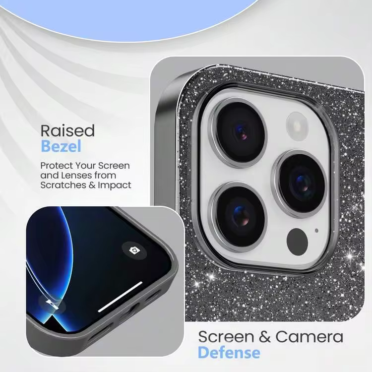 New Glitter Phone Case Compatible With Apple 16 Pro Max/15 Pro Max/14 Pro Max/13 Pro Max/12 Pro Max/11 Pro Max/XS Max/7/8 Plus - Black + Screen Protector - View 3