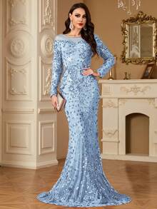 hezixi High-Quality Elastic Sequin Evening Gown, Featuring Sheer Round Neck Design, Slim Fit, Mermaid Hem, Unique Design Wedding Party - 藍色 - 查看 2