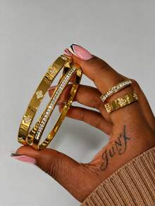 4pcs Stainless Steel Inlaid Shell Plated Gold Bracelet & Ring Set, Waterproof & Fade-Resistant, Suitable For Women's Daily Wear, Holiday Gift - SGS510 Gold - View 7