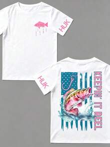 Men's Angler T-Shirt With Double-Sided HUK USA Flag Bass Print, Keepin' It Reel Slogan Cotton Short Sleeve Retro Patriotic Bass Motif Crew Neck Tee For Freshwater Anglers With Fishing Accessories Graphic - White - View 1