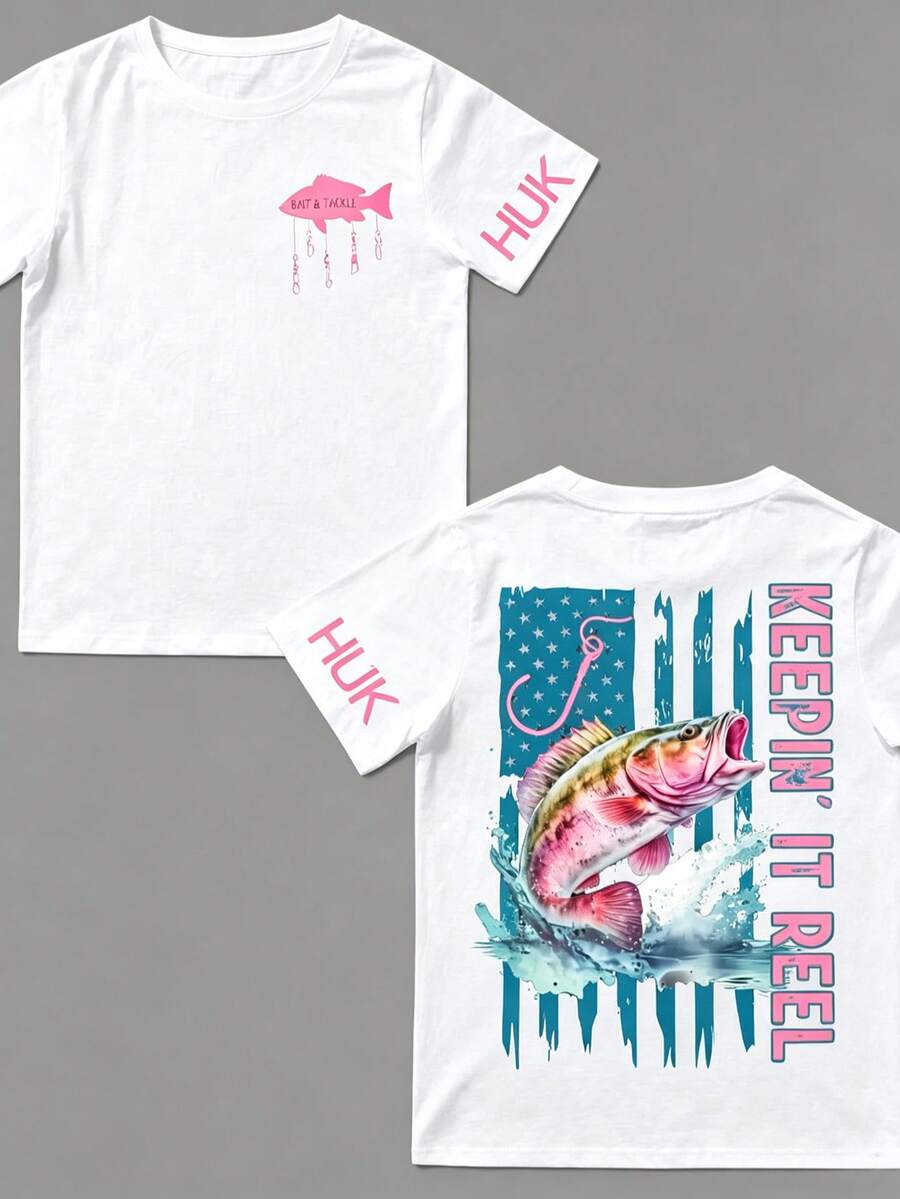 Men's Angler T-Shirt With Double-Sided HUK USA Flag Bass Print, Keepin' It Reel Slogan Cotton Short Sleeve Retro Patriotic Bass Motif Crew Neck Tee For Freshwater Anglers With Fishing Accessories Graphic - White - View 1