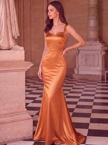 Basrey Đầm maxi dài màu cam cổ chữ V, dây mảnh, cạp cao, hở lưng, dáng đuôi cá, đầm dạ hội, đầm tốt nghiệp/dịp lễ trang trọng, đầm cưới mùa xuân. - trái cam - Xem 8
