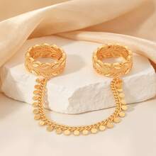 1 pezzo Anello doppio collegato con design vintage di foglie arabe e catena con nappe a moneta, per donne, regalo di gioielli per Eid, Ramadan, matrimonio, festa e uso quotidiano - Dorato - Visualizzare 7