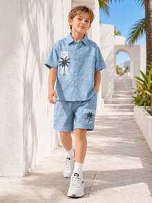 Tween Boy Casual Minimalist Collared Cardigan Shirt And Shorts 2 Pieces Set, Suitable For Summer - Dusty Blue - View 2