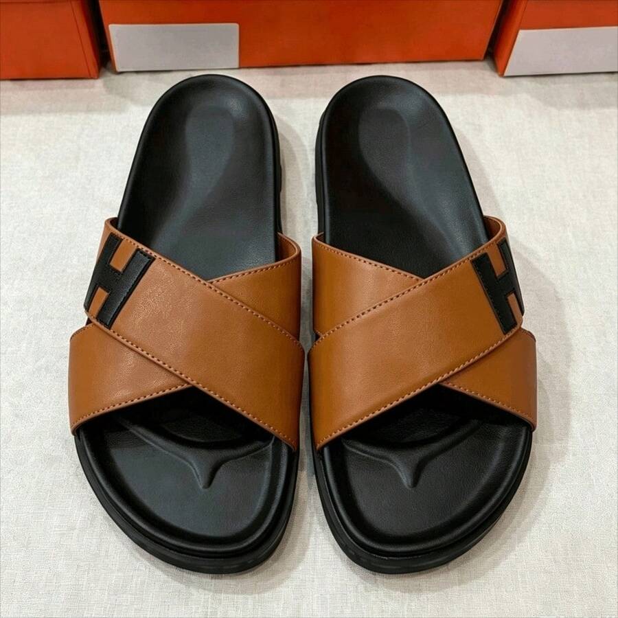New H-Style Slippers, Couple Slide Sandals, Casual Single-Strap Slides For Outdoor Wear - 淺棕色 - 查看 1