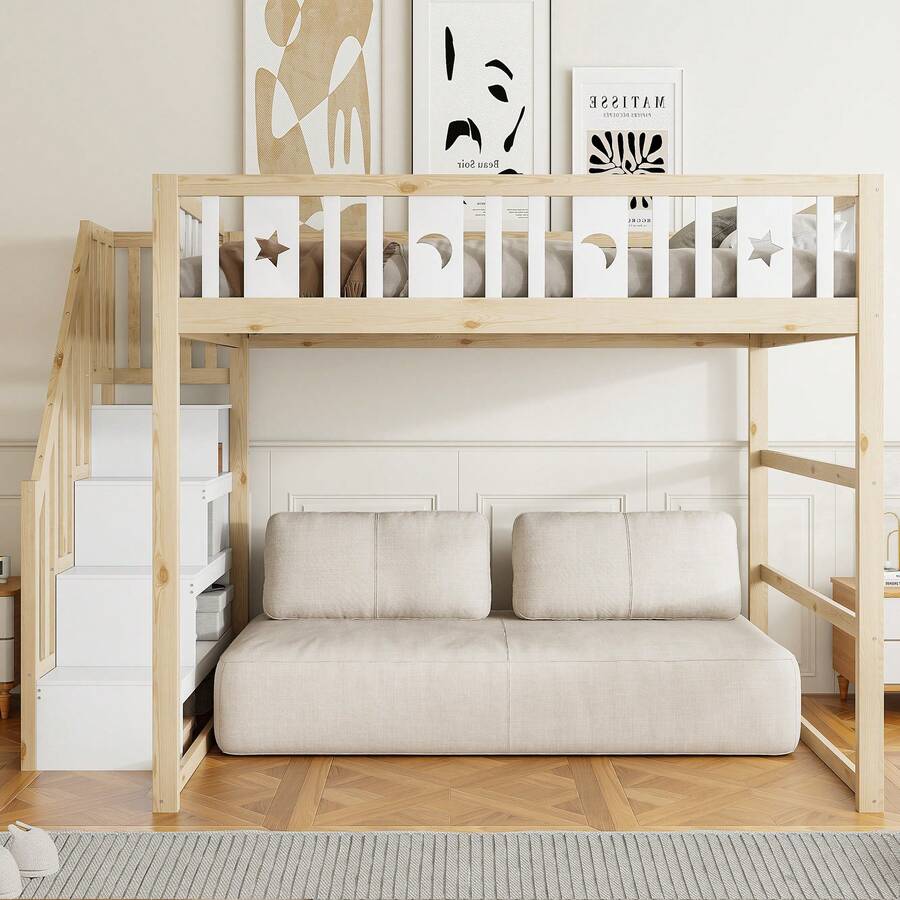 Kids Bed Frame 140x200 With Ladder, High Bed Frame Of Solid Wood With Mattress And Star/Moon - Natural and White - 查看 1