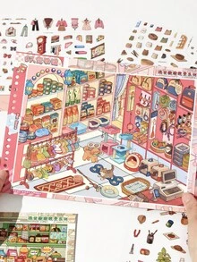 8-Piece Scene Simulation Store Sticker Collection Book, Immersive Stocking Stickers, Supermarket & Convenience Store Theme, With Positioning Lines DIY Planner & Handmade Stickers - 1 Set - View 8