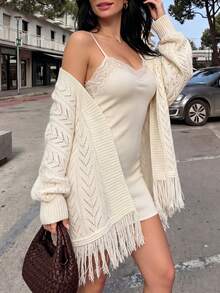 Women's Apricot Knit Cardigan, Open Front Sweater With Delicate Openwork Lace Pattern, Fringe Hem And Ribbed Cuffs, Suitable For Tea Parties - Apricot - View 6