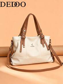 Dedoo Bolso Tote de Textura de Lichi con Bloques de Color, Gran Capacidad, Material de PU Suave, Bolso de Mano con Asa Cruzada, Adecuado para el Desplazamiento Diario y el Trabajo - Beis - Ver 5