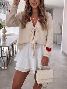 Women's Knitted Lace-Up V-Neck Cardigan, Decorated With Red Heart Pattern, Long Sleeve Design, Perfect Choice For Autumn Outfit. - Apricot - View 5