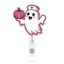 1pc Pink Halloween Ghost Glitter Acrylic Rotating Crocodile Clip Retractable Badge Holder For Nurses - A - View 7