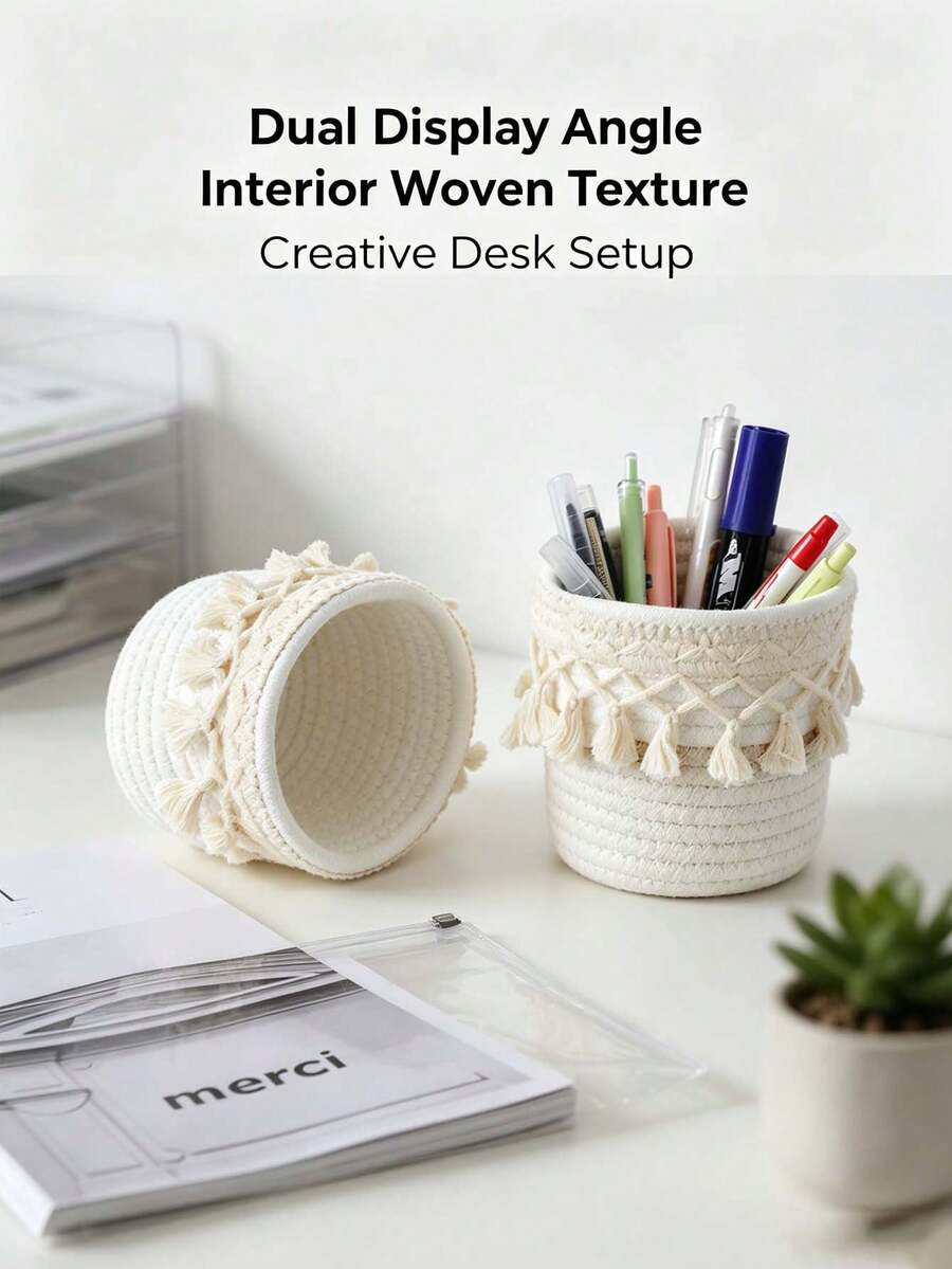 1pc/10pcsPen Holder Back To School Supplies, Tassel Woven Desktop Storage Basket, Multi-Use Stationery Organizer For Back To School Vacation Travel, Decorative Desk Pen Cup For Dorm Study Room, Ideal Gift For Students