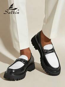 Salkin 新款英式設計男士粗齒厚底樂福鞋，平價奢華厚底一腳蹬樂福鞋，柔軟舒適圓頭優雅正裝皮鞋，紳士老錢風商務休閒日常鞋，男士情侶約會出遊百搭派對宴會婚禮度假禮物，四季款男鞋，建議選擇大一號 - 黑與白 - 查看 10