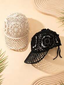 1pc Summer Hollow Handmade Crochet Baseball Cap/Vintage Handmade Woven Breathable Sun Hat/Adjustable Versatile Hat/Gift For Friends - Multicolor - View 2