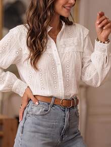 ii Blusa de mujer de unicolor con bordado calado, estilo vacaciones, color blanco primaveral - Blanco - Ver 2