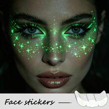 6pcs Fluorescent Freckle Face Stickers UV Reactive Star & Moon Temporary Tattoo Stickers For EDM Festival, Holiday, Halloween Party Makeup - Green - View 2