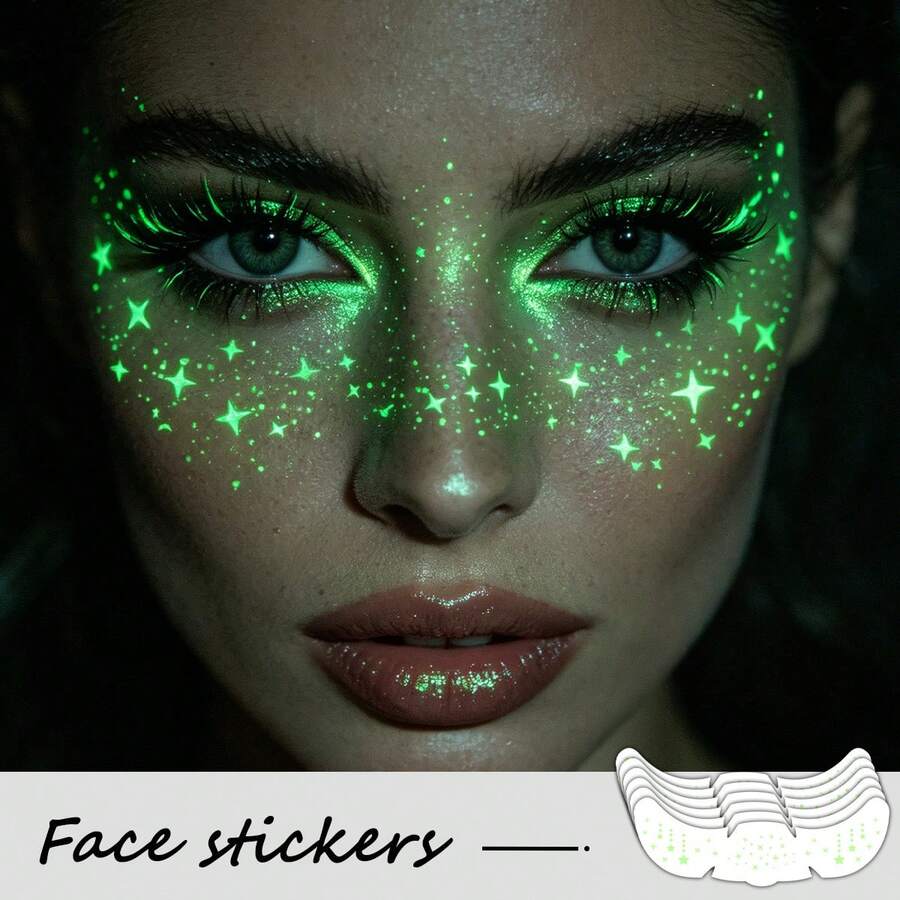 6pcs Fluorescent Freckle Face Stickers UV Reactive Star & Moon Temporary Tattoo Stickers For EDM Festival, Holiday, Halloween Party Makeup