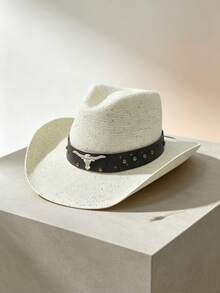 1pc Unisex Rivet Bull Head Leather Decor Sequin Woven Breathable Straw Hat, Western Cowboy Hat, Suitable For Spring/Summer, Applicable For Western Theme Events, Gatherings, Parties, Role Play, Festivals, Music Festivals, Fashion And Multi-Purpose, Beach, Vacation - Multicolor - View 2