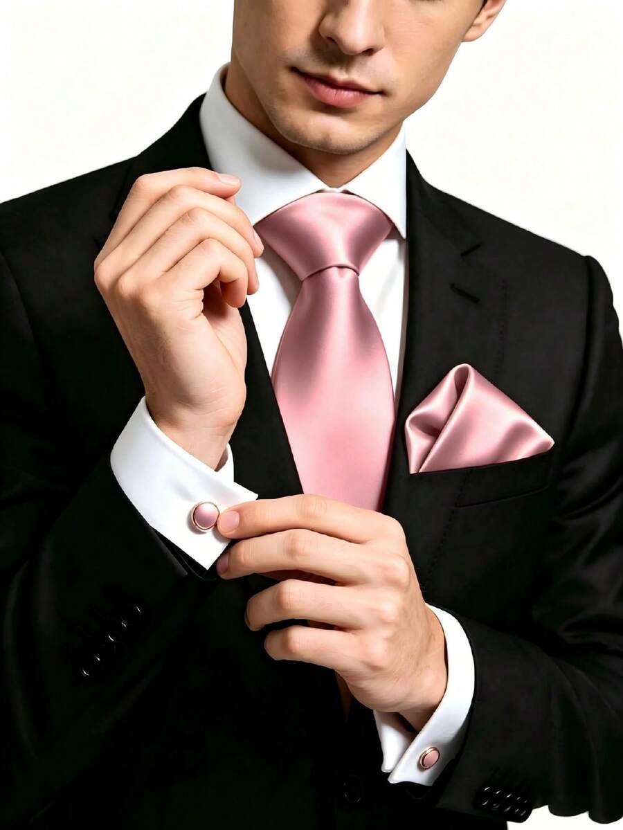 1 Set Men's 8cm Satin Tie, Pocket Square And Cufflinks Set, Suitable For Business Meetings, Wedding Party Groom Tie Set - Dusty Pink - View 1