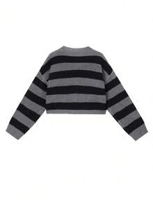 Women's Round Neck Long Sleeve Striped Casual Sweater, Random Cut Fall - Grey - View 5