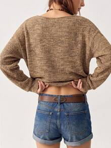 Autumn Business Casual Long Sleeve Knit Top, Brown Floral Grey Lace V-Neck Waffle Knit Loose Soft Knit Shirt, Daily Layering Basic Fall - Mocha Brown - View 7