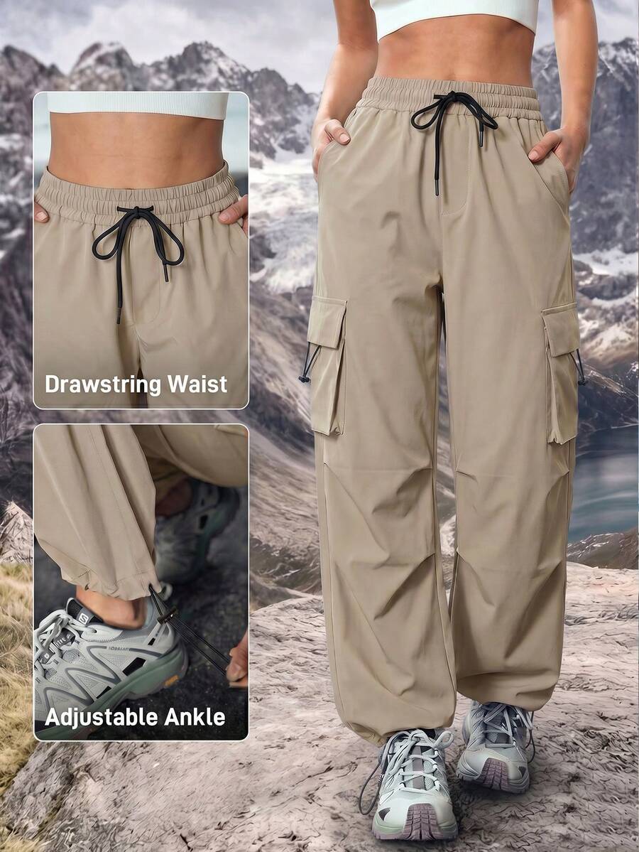 Women's Solid Color Front Tie Pocket Minimalist Casual Outdoor Long Pants Drawstring Cargo Pants - Khaki - View 1