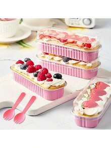 50 moldes pequeños de papel de aluminio con tapa, rectangulares, para hornear. Moldes desechables para mini pasteles y magdalenas. Vasitos para tarta de queso, postres, flanes, pudines y panes. - Rosa - Ver 5