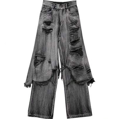 アメリカンストリートレトロなダメージ加工を施した女性用フェイクツーピースリップドジーンズ、 ハイウエストヒップホップヒップホップデザインの黒のローエッジワイドパンツ、ストリート、コミック展示、ダンスに適しています