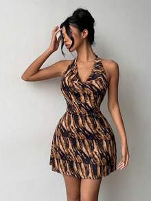 Brown Halter Neck Sleeveless Tie-Back Open Back Mini Dress, Summer Casual Fashion Style, Suitable For Festivals, Vacations, Beach, Outings Party - Brown - View 5
