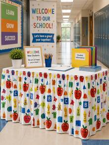 1件裝返校教室桌裙，蘋果字母數字星星彩色印花百褶桌布，魔鬼氈防皺可水洗，適用於教師桌、教育展覽、圖書館、學校歡迎活動展示桌裝飾 - 彩色 - 查看 6