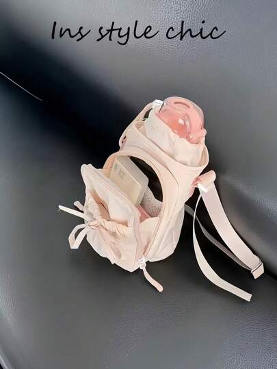 Chic Pastel Pink Shoulder Bag With Separate Water Bottle Compartment Multi Layer Storage Casual Ladies Daily Crossbody Backpack