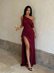 秋季女款優雅洋裝，奢華派對晚禮服，適合海灘、婚禮、度假、晚餐、返校穿著 - 酒紅色 - 查看 3