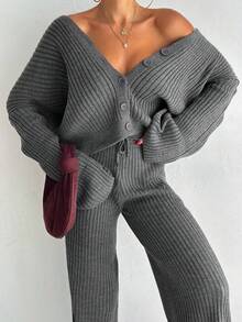 Set Sweater Wanita 2 Potong Musim Gugur Musim Dingin, Kancing, Leher V, Lengan Panjang, Kardigan dan Celana Panjang Lebar, Set Pakaian Santai, Potongan Longgar, Kasual, Set Rajut 2 Potong Musim Gugur - Grey - View 7