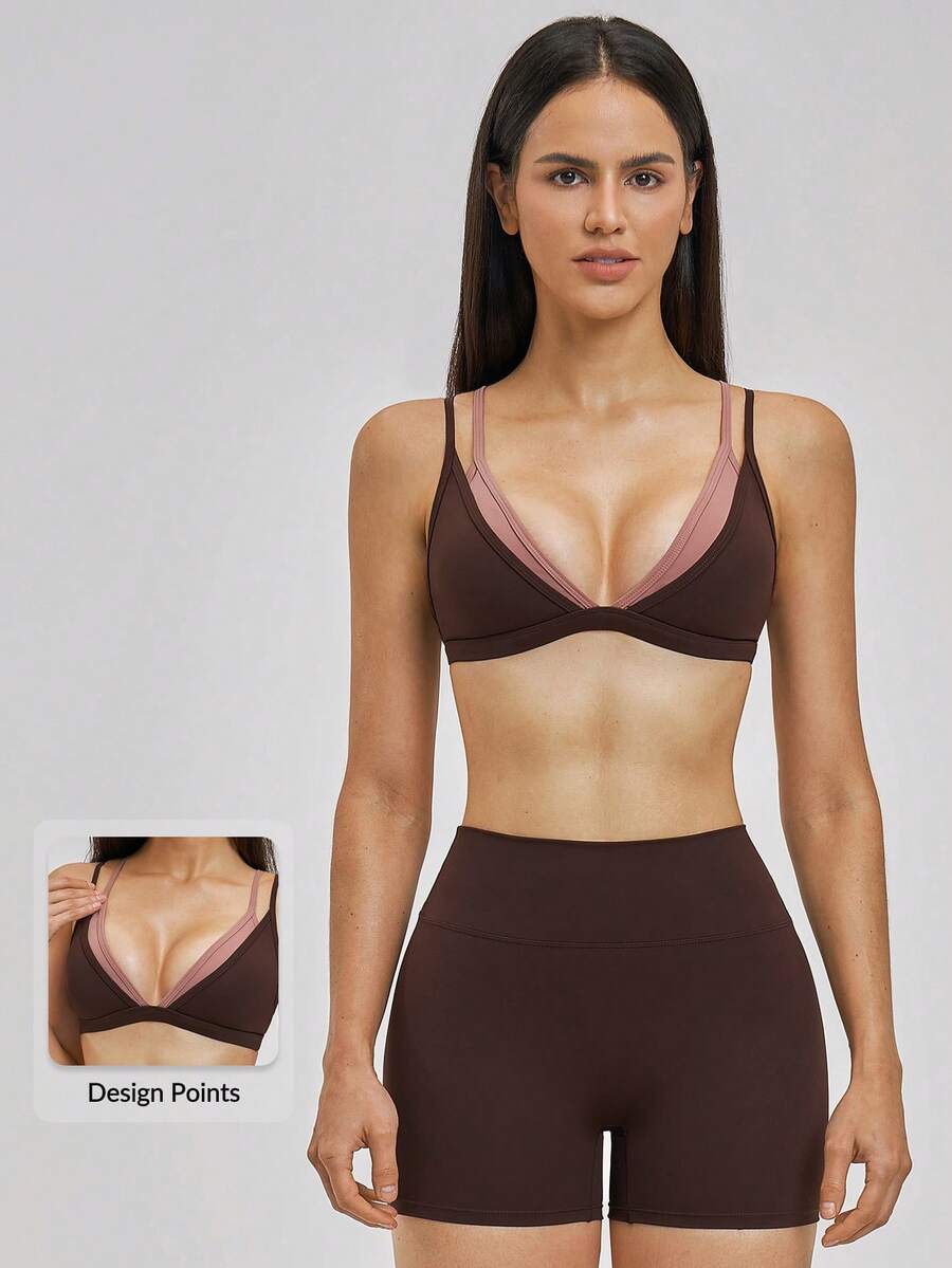 MASKERT Women 2 Pieces Double Strap V Neck Sports Bra High Waist Biker Shorts Set Yoga Set Workout Set Gym Set Running Dance Training - Coffee Brown - View 1