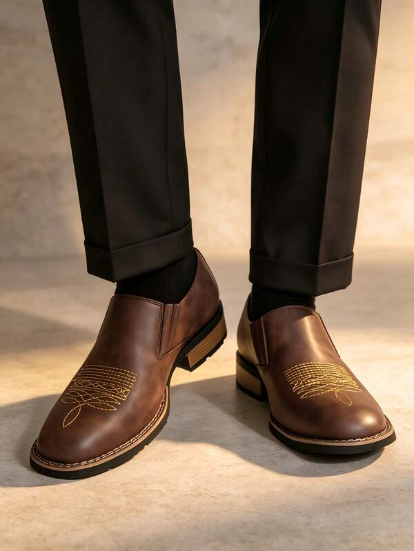 Vintage Distressed Embroidered Slip-On Men's PU Leather Shoes, Western Style Carved Low Heel Loafers, Aged Effect Wood Grain Square Heel Business Casual Shoes, Daily Commute, Retro Outfit, Photo Studio Versatile, Young And Middle-Aged Personalized Formal Leather Shoes, Multiple Sizes Available