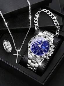 Casual Fashion Silver Steel Band Quartz Watch With Bracelet Necklace Ring Set, Holiday Special Offer, Daily Versatile, Back To School Season - Silver - View 6