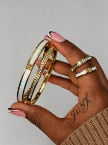 4pcs Stainless Steel Inlaid Shell Plated Gold Bracelet & Ring Set, Waterproof & Fade-Resistant, Suitable For Women's Daily Wear, Holiday Gift - SGS510 Gold - View 4
