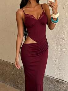 1pc Elegant Casual Sexy Party Knit Fabric Drawstring Dress For Wedding, Beach, Vacation, Back To School, Bachelorette Party, Spring/Summer - Burgundy - View 4
