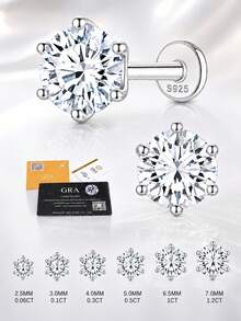 EleRunis 1件 0.06CT-1.2CT 莫桑石 925純銀經典六爪鑲嵌平背耳軟骨螺旋穿刺鑽石訂婚婚禮新娘珠寶 - 銀色 - 查看 2