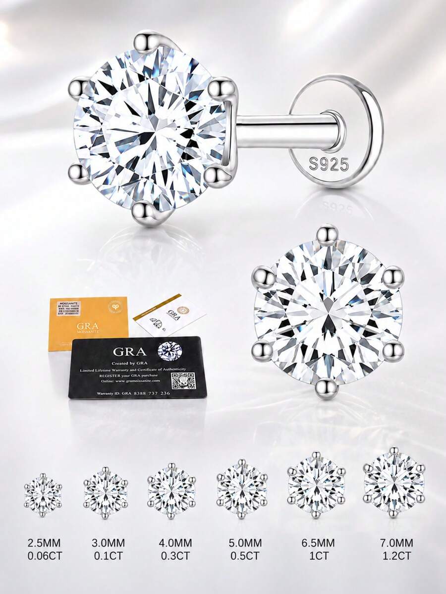 EleRunis 1件 0.06CT-1.2CT 莫桑石 925純銀經典六爪鑲嵌平背耳軟骨螺旋穿刺鑽石訂婚婚禮新娘珠寶