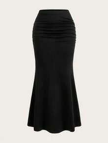 Falda plisada de unicolor con cola de pez para mujer - Negro 2 - Ver 2