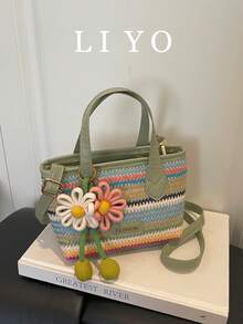 Colorful Striped Women's Handbag, Fashionable Versatile Bucket Bag With Floral Charm, Shoulder Crossbody Bag - Multicolor - View 2