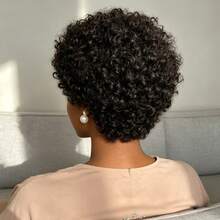 Women's Daily Wear Natural Black Short Afro Curly Human Hair Full Machine Woven Wig - Natural Black - View 6
