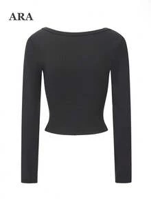 ARA CHIC Women's Square Neck Long Sleeve Cropped Top, Dark Gray Ribbed Slim Fit Blouse For Autumn, Suitable For Daily Wear, Dating, Thanksgiving Holiday Party - Dark Grey - View 11